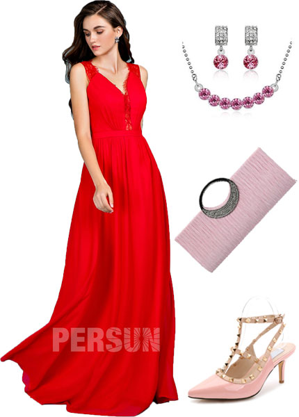 robe de soirée rouge et accessoires roses