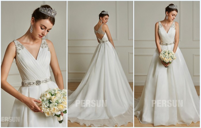 robe de mariée 2019 col en V orné de bijoux